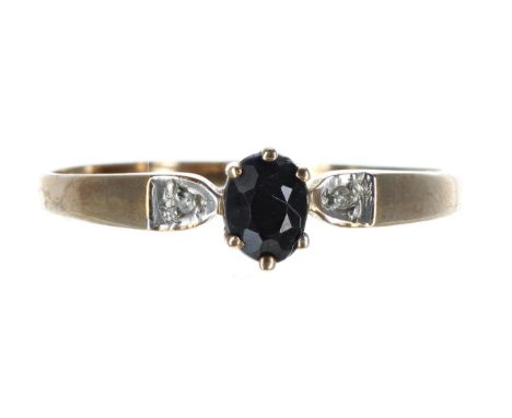 9ct sapphire and diamond three stone ring, 1.3gm, ring size S 