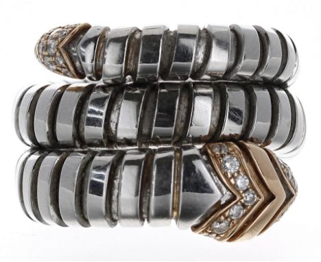 Bvlgari Serpenti Turboga steel and gold diamond set ring, signed,&nbsp;1234/348732, 10.7gm, width 17mm  ** with certificate p