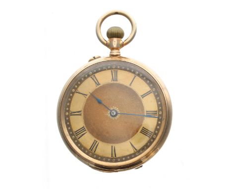 Continental 14ct lever fob watch, gilt bar movement with compensated balance and regulator, metal cuvette, gilt dial with Rom