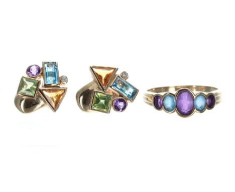 Pair of of abstract design gem set earrings, each set with amethyst, citrine, diamond, peridot and topaz, post and butterfly 