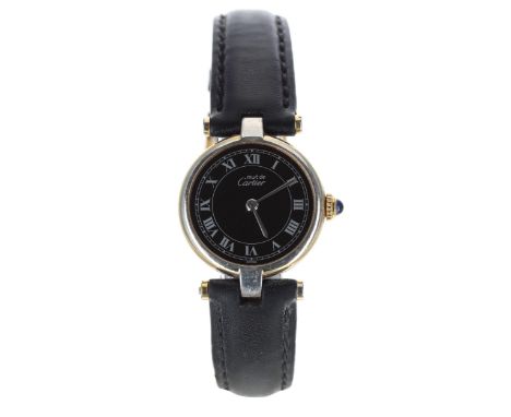 Must de Cartier silver-gilt lady's wristwatch, serial no. 18008xxx, black dial, cabouchon crown, modern black leather strap, 