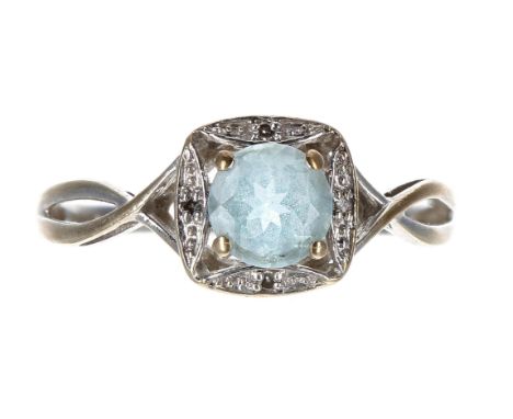 9ct white gold blue topaz and diamond dress ring, 8mm, 1.4gm, ring size K 