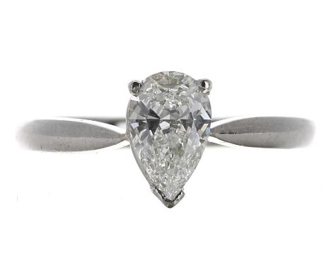 Platinum pear shaped solitaire diamond ring, 0.86ct, clarity VS, colour J, width 9mm, 6.2gm, ring size M/N 