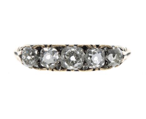 Antique five stone old-cut diamond ring in a scroll setting, 0.93ct approx in total, clarity SI, colour H/I, width 5mm, 4.1gm