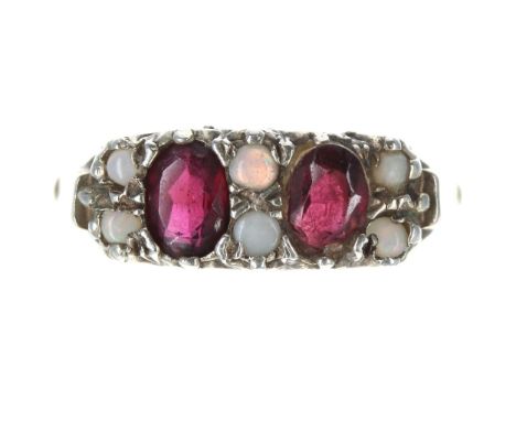 9ct scroll set garnet and opal ring, width 7mm, 3.8gm, ring size P 