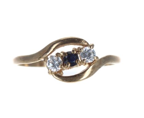 9ct sapphire and diamond three stone ring, 1.3gm, ring size O/P 