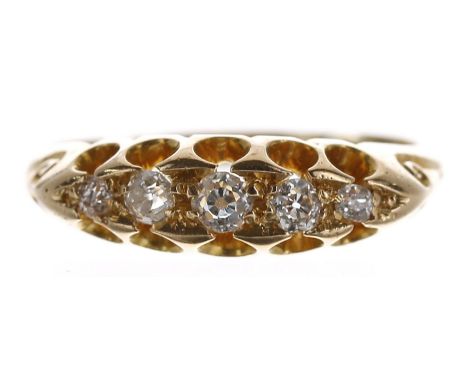 Edwardian 18ct claw set old-cut five stone diamond ring, Birmingham 1902, 0.17ct approx in total, width 5mm, 3.2gm, ring size