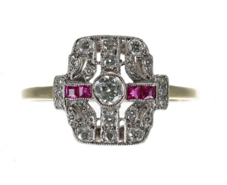 Attractive 18ct ruby and diamond cluster ring in the Art Deco manner, the centre diamond 0.15ct approx, clarity SI, colour G/