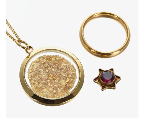 22ct yellow gold wedding band ring,&nbsp;Birmingham 1934, width 4mm, 6.4gm, ring size L/M; with a gold plated pendant on neck
