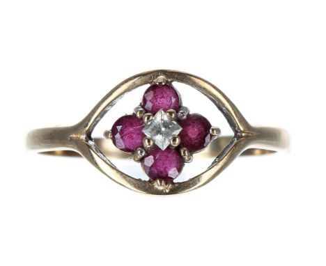 Ruby an diamond three stone ring, 1.9gm, ring size P 