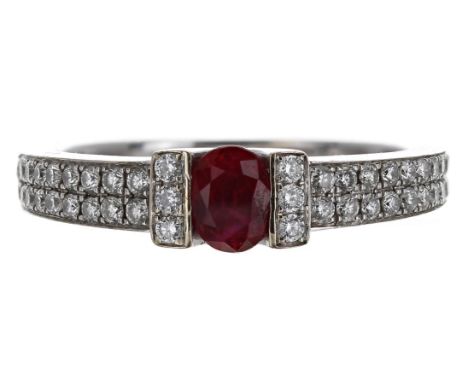 Pretty modern 18ct white gold ruby and diamond ring, the oval ruby 0.30ct approx within pavé diamond set shoulders, 0.36ct, w