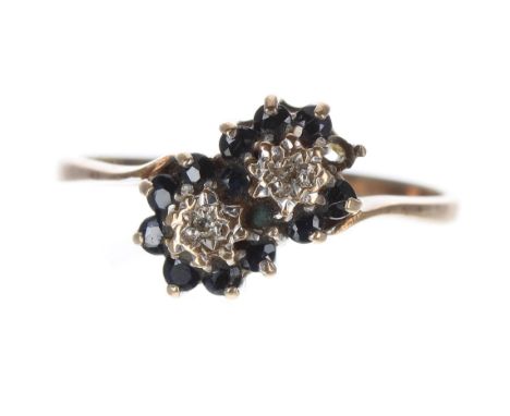 9ct sapphire and diamond double cluster ring, 9mm, 1.5gm, ring size L 