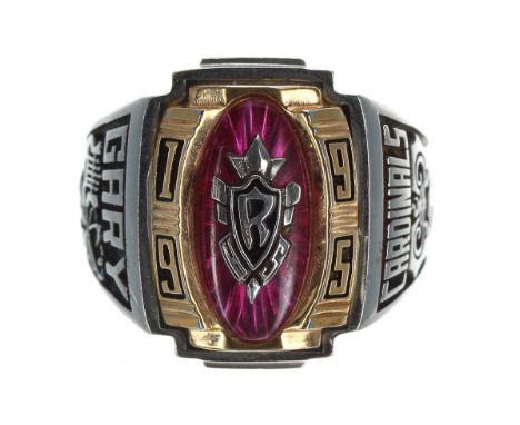 R. Johns Ltd Valadium Varsity ring, inscribed 'Gary Cardinals Honor', width 19mm, 9.5gm, ring size T