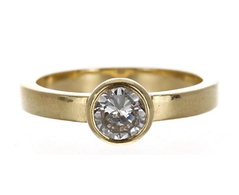 18ct solitaire diamond ring, rub-over set round brilliant-cut, 0.70ct approx, clarity SI2, colour H, 7mm, 5gm, ring size N; w