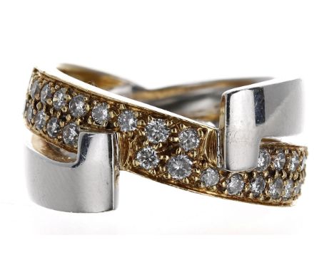18ct bicolour diamond set crossover ring,&nbsp;0.80ct approx, clarity SI, colour H/I, 13.2gm, width 10mm, ring size M/N 