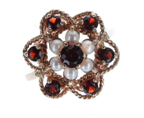 Fancy 9ct garnet and pearl cluster ring, 18mm, 4.3gm, ring size Q/R 