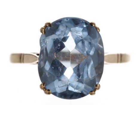 9ct blue paste set oval single stone ring,&nbsp;width 12mm, 3.1gm, ring size N 