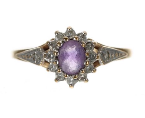 9ct amethyst an diamond cluster ring, 9mm, 1.7gm, ring size M/N 