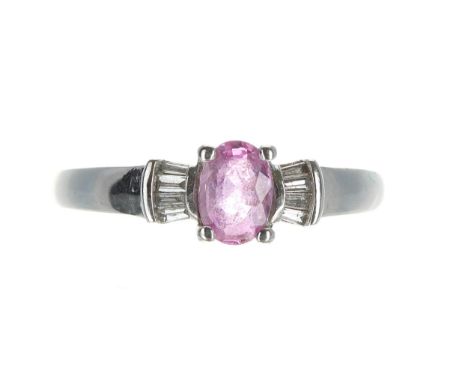 Attractive modern 18ct white gold pink sapphire and tapered baguette diamond ring, the sapphire 0.50ct approx, width 6mm, 3.6