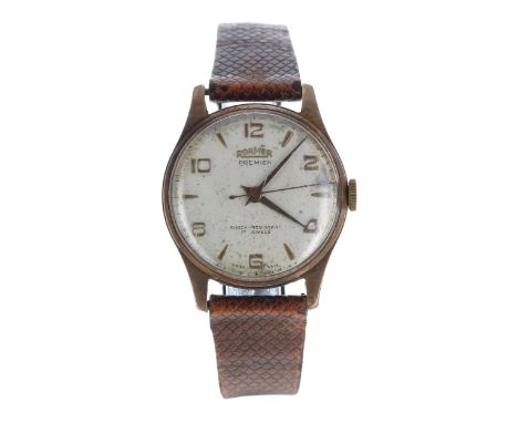 Roamer Premier 9ct gentleman's wristwatch, Birmingham 1955, silvered dial with gilt applied Arabic numerals and hour markers,