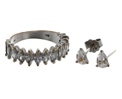 Pair of pear-cut diamond earrings, 0.80ct approx in total (one back missing); also a&nbsp;marquise-cut diamond set ring, 4.3g