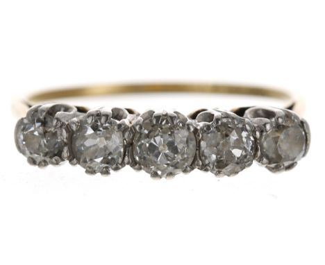 18ct and platinum five stone diamond ring,&nbsp;old-cuts, 0.90ct approx, clarity SI2, colour H/I, 5mm, 2.8gm, ring size O 