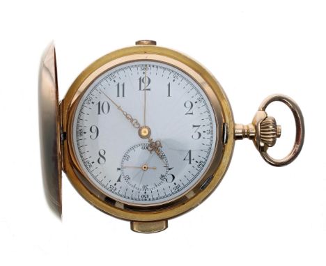 Continental 18ct minute repeating chronograph lever set hunter pocket watch, the gilt movement with bi-metallic compensated b