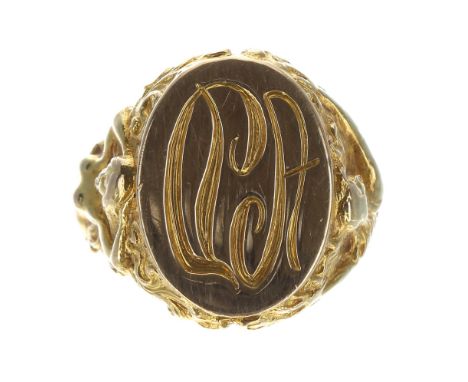 Good 14ct yellow gold oval intaglio ring, the shoulders cast with mermaids, inscribed to the inner shank 'PAT DEC.21.97', wid