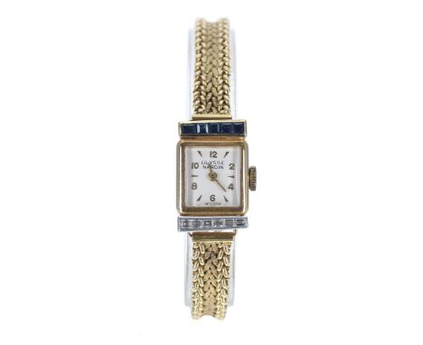 Ulysse Nardin 18ct sapphire and diamond wire-lug lady's wristwatch, square silvered dial with gilt Arabic numerals and hour m