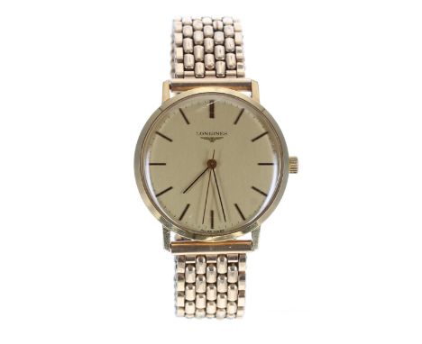 Longines gold plated and stainless steel gentleman's wristwatch, circular champagne dial with applied baton markers, minute m