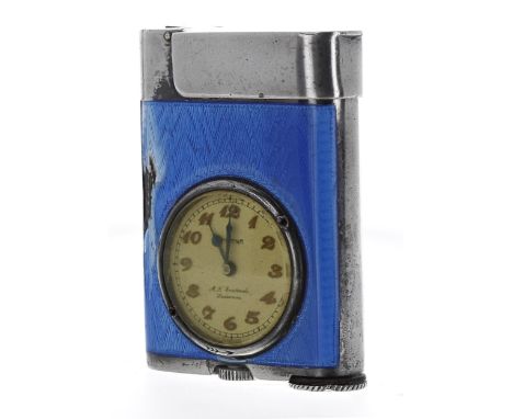 Eterna silver and blue guilloche enamel watch lighter, Patent 124395, the dial with applied Arabic numerals and inscribed wit