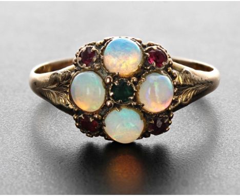 Pretty Victorian 12ct cabouchon opal and gem set ring, Birmingham 1870, width 10mm, 1.5gm, ring size N/O 