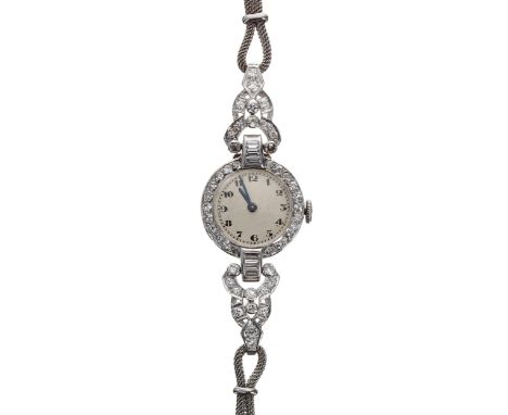 Attractive mid-20th century platinum diamond set lady's cocktail wristwatch on a 9ct woven link bracelet, silvered dial with 