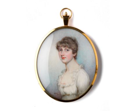 ˜A PORTRAIT MINIATURE OF A LADY, BY DAVID GIBSON (FLOURISHED 1788-1804), DATED 1801 wearing a white dress with ruffled collar