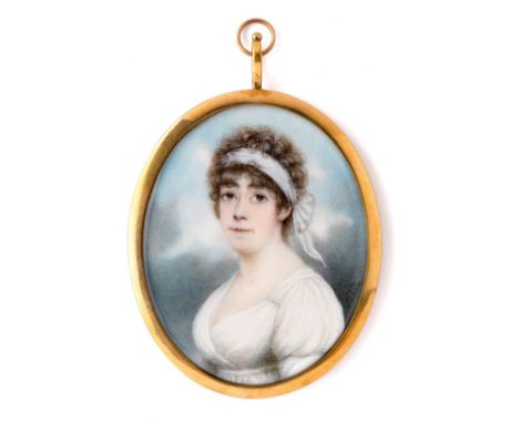 ˜A PORTRAIT MINIATURE OF A YOUNG LADY, BY NATHANIEL PLIMER (1757-1822), CIRCA 1800 her curled hair tied by a bandeau, wearing