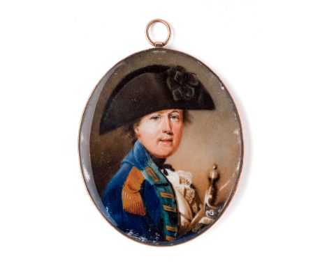 ˜A PORTRAIT MINIATURE OF COLONEL HENDERSON, BY ABRAHAM DANIEL (c.1750-1806), CIRCA 1780 wearing a black bicorne, blue uniform