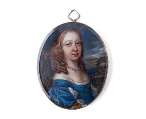 A PORTRAIT MINIATURE OF A LADY, ENGLISH SCHOOL, CIRCA 1655 wearing a blue dress and pearl necklace, sky background with a lau