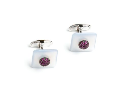 PAIR OF CHALCEDONY AND RUBY CUFFLINKS, MARGHERITA BURGENER each square chalcedony cufflink decorated with a central stud pavé
