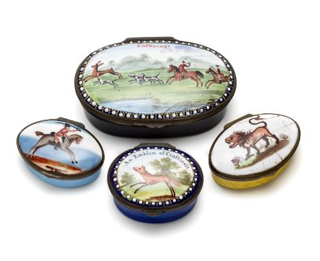 AN ENGLISH ENAMEL SNUFF BOX, SOUTH STAFFORDSHIRE, CIRCA 1800 oval, painted with a deer hunting scene below the inscription 'C