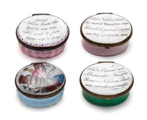 A GROUP OF FOUR ENGLISH ENAMEL 'NELSON' PATCH BOXES, SOUTH STAFFORDSHIRE, CIRCA 1798 AND CIRCA 1805 oval, one lid decorated w