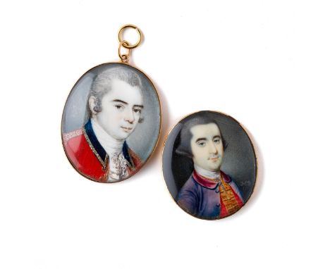 ˜A PORTRAIT MINIATURE OF A GENTLEMAN, ENGLISH SCHOOL, DATED 1767 wearing lilac coat with a crimson collar, red waistcoat with