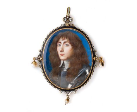 A PORTRAIT MINIATURE OF A GENTLEMAN, ENGLISH SCHOOL, CIRCA 1640 AND LATER brown hair, wearing a white lawn collar over armour