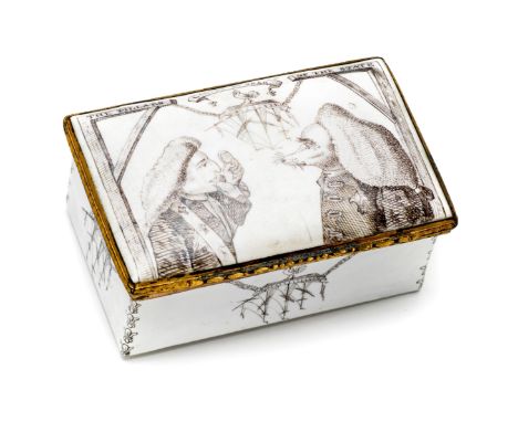 AN ENGLISH ENAMEL 'POLITICAL' SNUFF BOX, BIRMINGHAM, CIRCA 1756 rectangular, monochrome painted, the lid after a contemporary