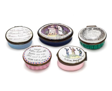 A GROUP OF FIVE ENGLISH ENAMEL 'NELSON' PATCH BOXES, SOUTH STAFFORDSHIRE, CIRCA 1800 oval, one lid decorated above the title 