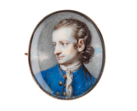 ˜A PORTRAIT MINIATURE OF A GENTLEMAN, BY RICHARD COSWAY (1742-1821), CIRCA 1775 wearing a blue coat, on ivory, gilt-metal fra