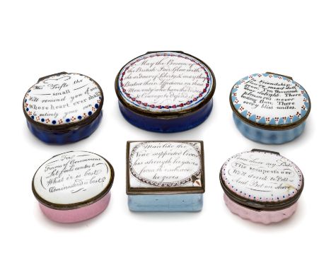 A GROUP OF SIX ENGLISH ENAMEL PATCH BOXES, SOUTH STAFFORDSHIRE, LATE 18TH / EARLY 19TH CENTURY five oval and one waisted rect