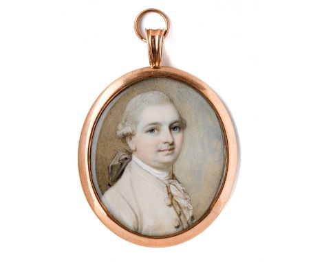 ˜A PORTRAIT MINIATURE OF A GENTLEMAN, BY RICHARD COSWAY (1742-1821), CIRCA 1775 with hair en queue, wearing a pale coat, on i