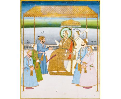 A PORTRAIT OF THE EMPEROR MUHAMMAD SHAH WITH HIS COURTIERS, LUCKNOW OR MURSHIDABAD, MID-18TH CENTURY gouache with ink and gol