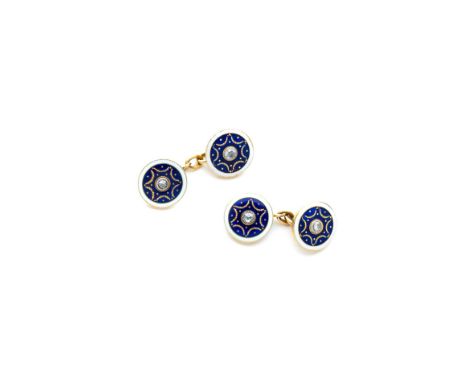 Ⓖ&nbsp;ENAMEL AND DIAMOND CUFFLINKS, CARTIER, LATE 19TH/EARLY 20TH CENTURY each circular blue guilloché enamel link decorated