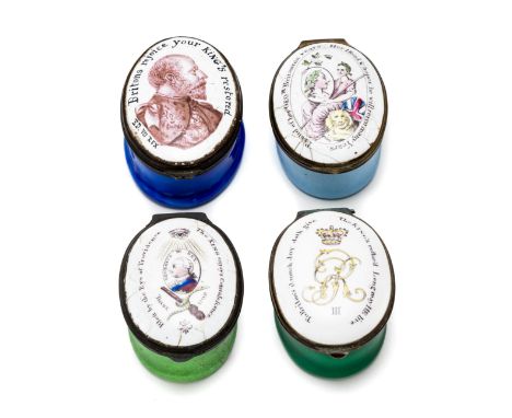 A GROUP OF THREE ENGLISH ENAMEL 'RECOVERY OF GEORGE III' PATCH BOXES, CIRCA 1789 oval, brass hinge mounts, one lid decorated 